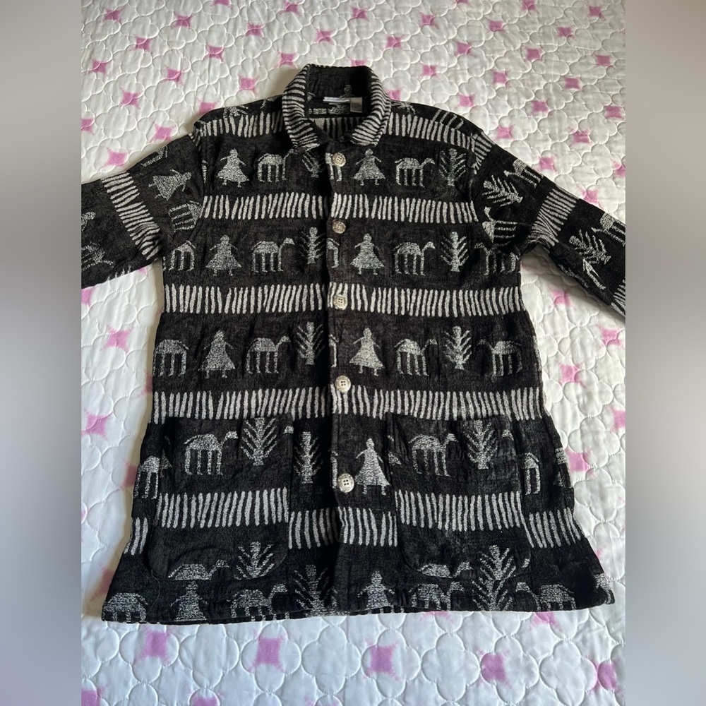 VTG Chico's Design Primitive Pictograph Tribal Button Front Shirt Jacket Sz 3/Lg